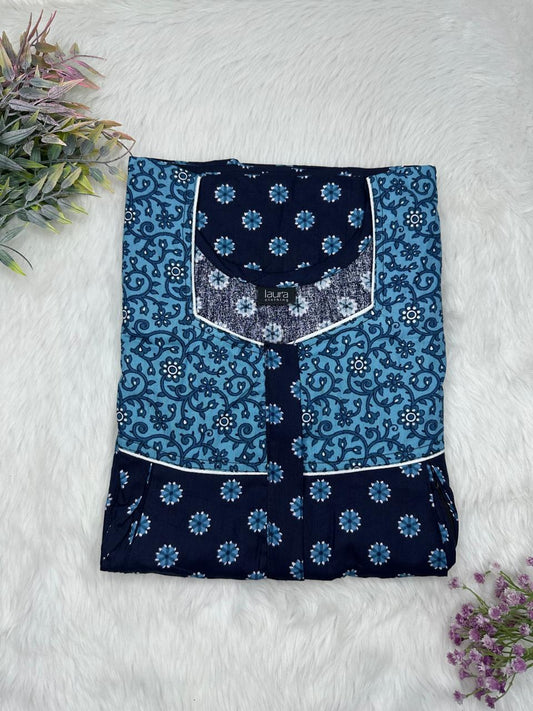 Tufts Blue and Dark Blue Printed Square Neck Pleated Pure Cotton Feeding Nighty With Two Side Vertical Zip and Single Centre Zip Free Size Short Sleeve (Suits for bra size 34″- 40″ | 54-56 inch length)