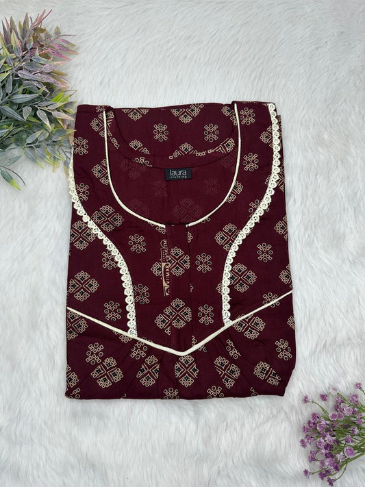 Dark Sienna Printed Round Neck Normal Zip Pure Cotton Nighty Free Size Short Sleeve (Suits for bra size 34″- 40″ | 54-56 inch length)