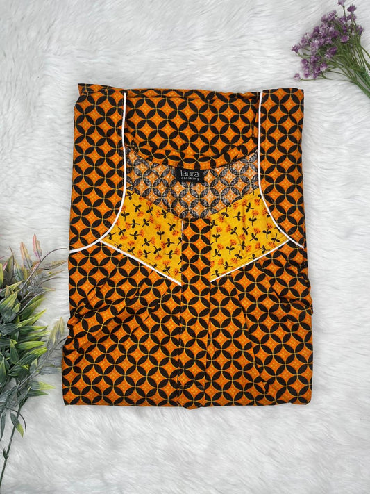 Tangerine Printed Square Neck Pleated Zip Pure Cotton Nighty Free Size Short Sleeve (Suits for bra size 34″- 40″ | 54-56 inch length)