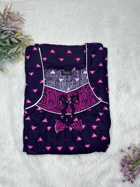 Dark Indigo Printed Square Neck No Zip Pleated Pure Cotton Nighty Free Size Short Sleeve (Suits for bra size 34″- 40″ | 54-56 inch length)