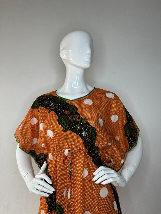 Ochre and Onyx printed Pure Cotton V-Neck Kaftan With Matching Border Lace And Adjustable Tie Free Size (Suits for bra size 34″- 40″) | 54-56 Inch Length