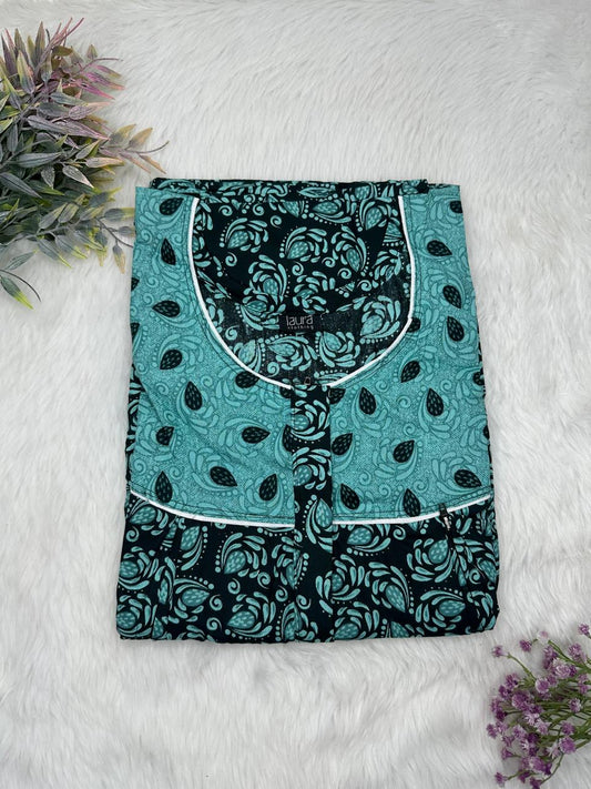 Cadet Blue and Onyx Printed Round Neck Pleated Pure Cotton Feeding Nighty With Two Side Vertical Zip and Single Centre Zip Free Size Short Sleeve (Suits for bra size 34″- 40″ | 54-56 inch length)