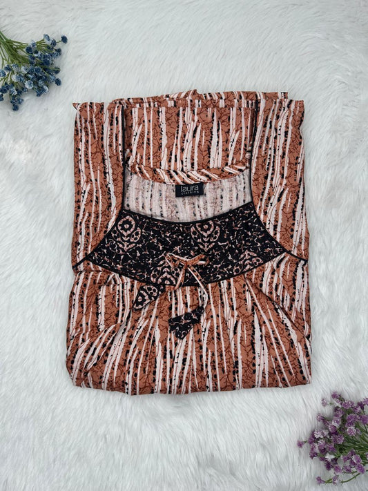 Dark Chestnut Printed Square Neck No Zip Pleated Pure Cotton Nighty Free Size Short Sleeve (Suits for bra size 34″- 40″ | 54-56 inch length)