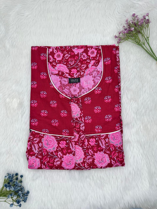 Burgundy and Persian Pink Printed Round Neck Pleated Pure Cotton Feeding Nighty With Two Side Vertical Zip and Single Centre Zip Free Size Short Sleeve (Suits for bra size 34″- 40″ | 54-56 inch length)