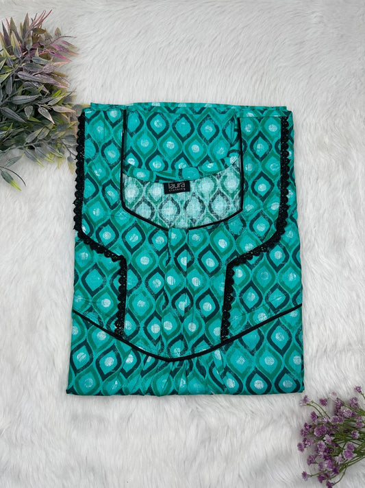 Dark Cyan Printed Square Neck Normal Zip Pure Cotton Nighty Free Size Short Sleeve (Suits for bra size 34″- 40″ | 54-56 inch length)