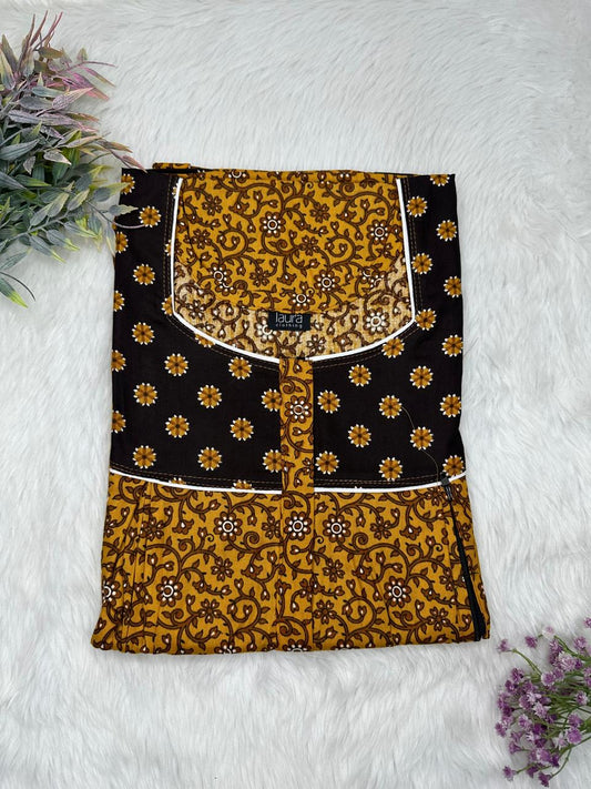 Dark goldenrod and Onyx Printed Square Neck Pleated Pure Cotton Feeding Nighty With Two Side Vertical Zip and Single Centre Zip Free Size Short Sleeve (Suits for bra size 34″- 40″ | 54-56 inch length)