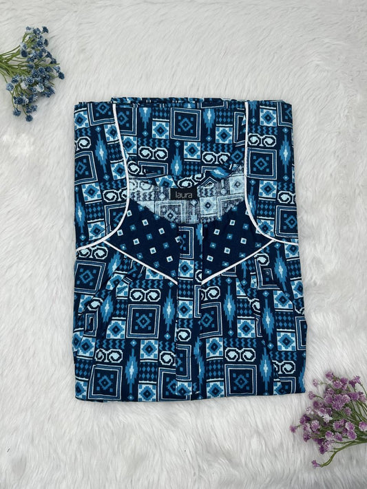 Prussian Blue Printed Square Neck Pleated Zip Pure Cotton Nighty Free Size Short Sleeve (Suits for bra size 34″- 40″ | 54-56 inch length)