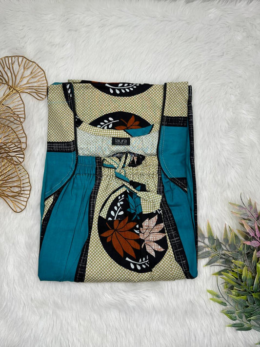 Sea Blue and Dark Tan Printed Pure Cotton Square Neck Elastic Pleated Nighty Free Size Short Sleeve (Suits for bra size 34″- 40″ | 54-56 inch length)