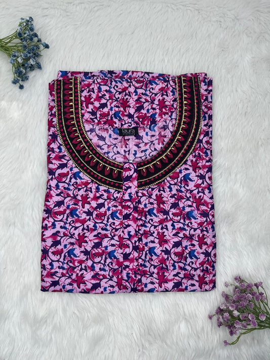 Lavender Purple Printed 12" Long Zip Matching Embroidery Neck Pure Cotton Feeding Nighty Plus Size Short Sleeve (Suits for bra size 40″- 46″ | 54"-56" inch length)