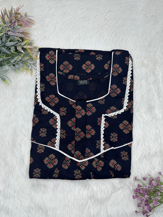 Oxford Blue and Burgundy Printed Square Neck Normal Zip Pure Cotton Nighty Free Size Short Sleeve (Suits for bra size 34″- 40″ | 54-56 inch length)