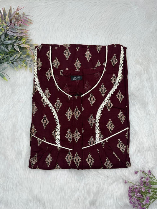 Seal Brown Printed Round Neck Centre Long 12" Zip Pure Cotton Feeding Nighty Free Size Short Sleeve (Suits for bra size 34″- 40″ | 54-56 inch length)