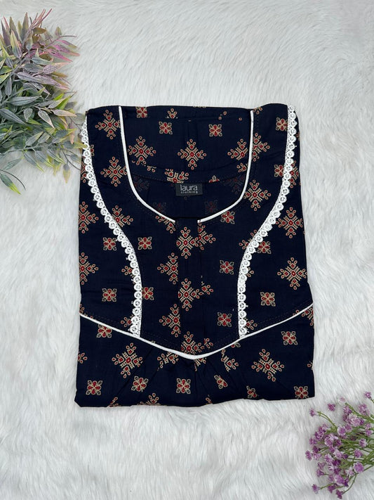 Dark Blue and Wine Printed Round Neck Normal Zip Pure Cotton Nighty Free Size Short Sleeve (Suits for bra size 34″- 40″ | 54-56 inch length)