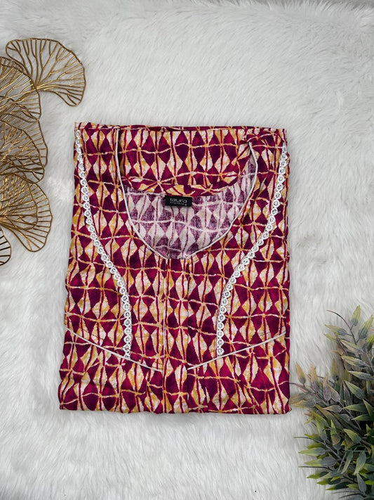 Tyrian Purple and Red Printed Round Neck Centre Long 12" Zip Pure Cotton Feeding Nighty Free Size Short Sleeve (Suits for bra size 34″- 40″ | 54-56 inch length)