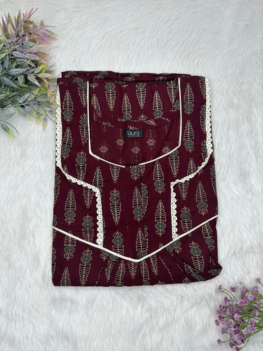 Seal Brown Printed Square Neck Normal Zip Pure Cotton Nighty Free Size Short Sleeve (Suits for bra size 34″- 40″ | 54-56 inch length)