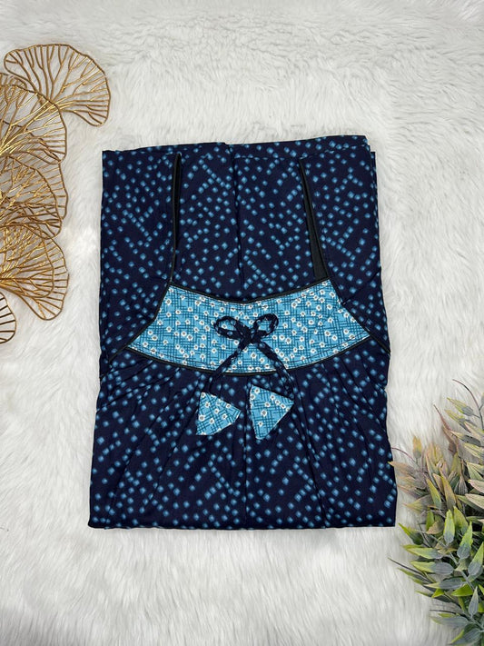 Oxford Blue Printed Front and Moonstone Blue Pleated Pure Cotton Nighty Free Size Short Sleeve (Suits for bra size 34″- 40″ | 54-56 inch length)