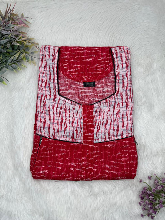 Vivid Burgundy Printed Square Neck Pleated Pure Cotton Feeding Nighty With Two Side Vertical Zip and Single Centre Zip Free Size Short Sleeve (Suits for bra size 34″- 40″ | 54-56 inch length)