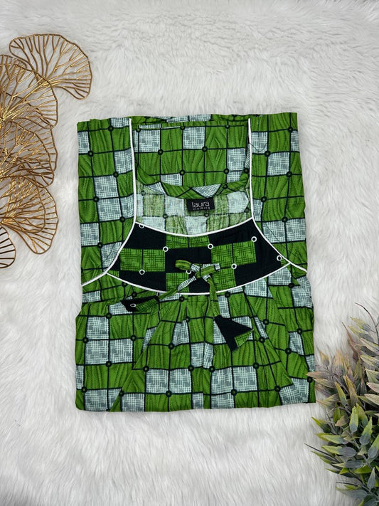 Lincoln Green Floral Printed Square Neck No Zip Pleated Pure Cotton Nighty Free Size Short Sleeve (Suits for bra size 34″- 40″ | 54-56 inch length)
