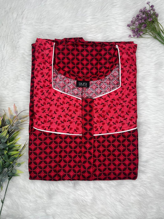 Amaranth and Crimson Glory Printed Square Neck Pleated Pure Cotton Feeding Nighty With Two Side Vertical Zip and Single Centre Zip Free Size Short Sleeve (Suits for bra size 34″- 40″ | 54-56 inch length)