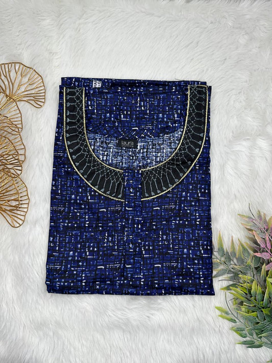 Dark Blue Printed Normal Zip Pure Cotton Matching Neck Embroidery Feeding Nighty Free Size Short Sleeve (Suits for bra size 34″- 40″ | 54-56 inch length)