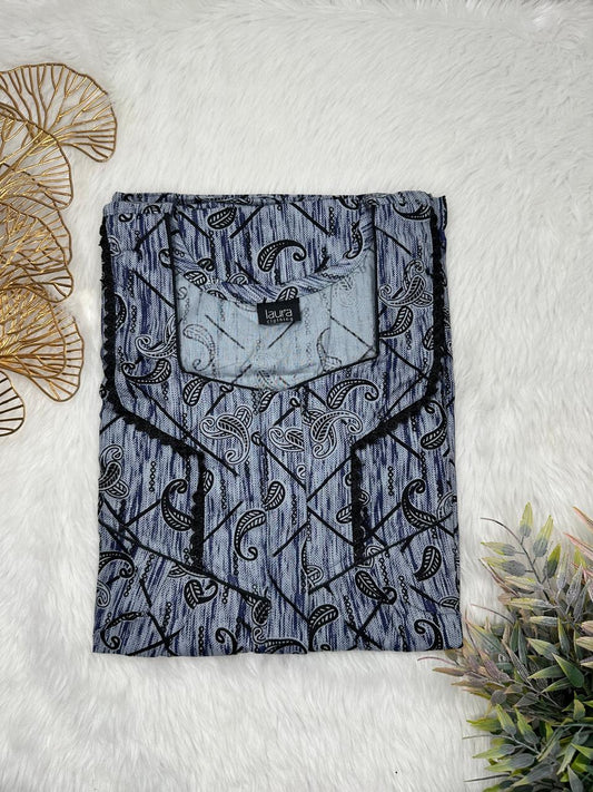 Dark Gray Printed Square Neck Centre Long 12" Zip Pure Cotton Feeding Nighty Free Size Short Sleeve (Suits for bra size 34″- 40″ | 54-56 inch length)