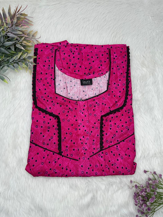 Jazzberry Jam Printed Square Neck Centre Long 12" Zip Pure Cotton Feeding Nighty Free Size Short Sleeve (Suits for bra size 34″- 40″ | 54-56 inch length)