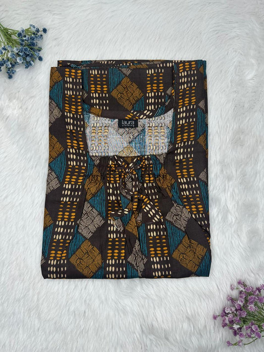 Cadet and Bistre Cotton Square Neck Elastic Pleated Nighty Free Size Short Sleeve (Suits for bra size 34″- 40″ | 54-56 inch length)