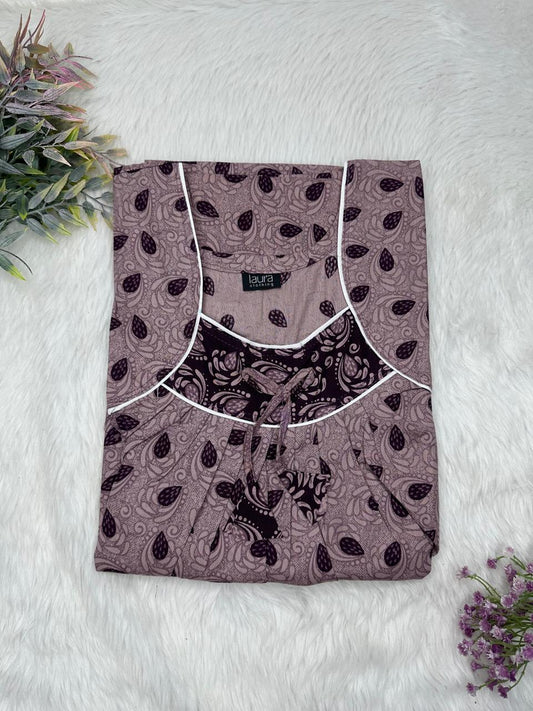 Old Lavender Printed Square Neck No Zip Pleated Pure Cotton Nighty Free Size Short Sleeve (Suits for bra size 34″- 40″ | 54-56 inch length)