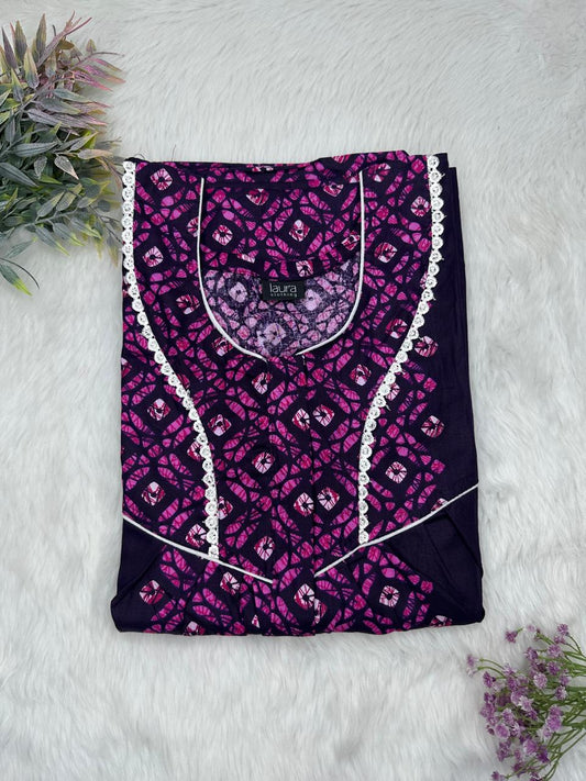 Dark Raspberry and Onyx Printed Round Neck Centre Long 12" Zip Pure Cotton Feeding Nighty Free Size Short Sleeve (Suits for bra size 34″- 40″ | 54-56 inch length)