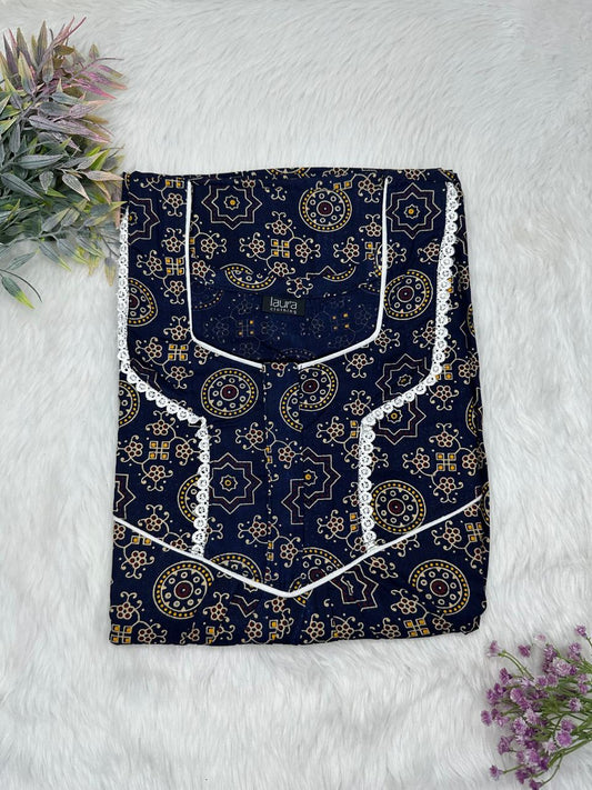 Oxford Blue Printed Square Neck Normal Zip Pure Cotton Nighty Free Size Short Sleeve (Suits for bra size 34″- 40″ | 54-56 inch length)