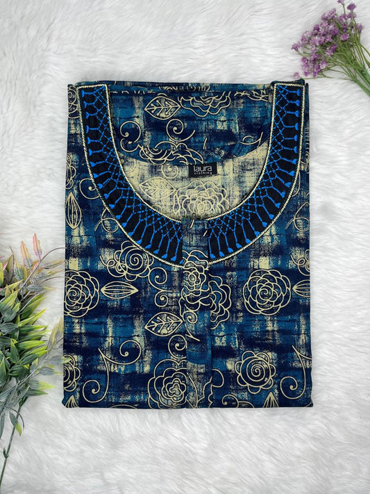 Oxford Blue Printed 12" Long Zip Pure Cotton Matching Neck Embroidery Feeding Nighty Free Size Short Sleeve (Suits for bra size 34″- 40″ | 54-56 inch length)