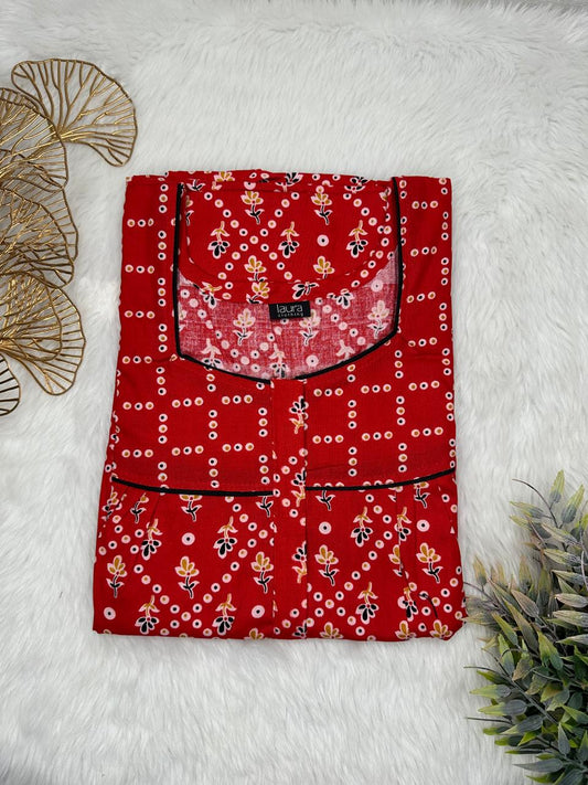 Dark Candy Apple Red Printed Mix N Match Square Neck Pleated Cotton Nighty With Centre -8″ Zip Short Sleeve Free Size (Suits for bra size 34″- 40″ | 54-56 inch length