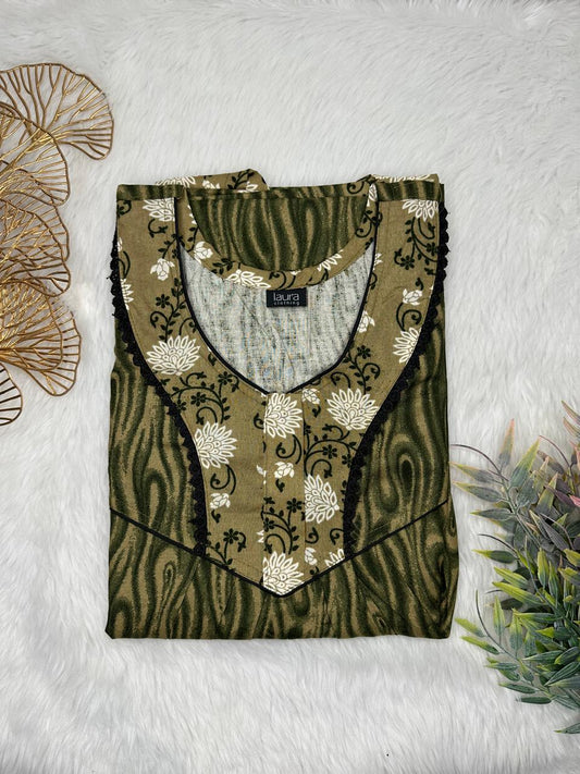 Dark Tan Printed Round Neck Normal Zip Pure Cotton Nighty Free Size Short Sleeve (Suits for bra size 34″- 40″ | 54-56 inch length)