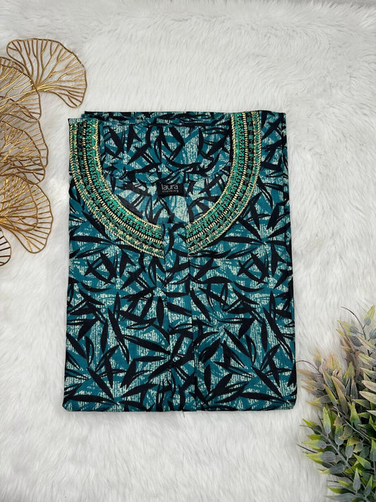 Teal Blue Printed 12" Long Zip Pure Cotton Matching Neck Embroidery Feeding Nighty Free Size Short Sleeve (Suits for bra size 34″- 40″ | 54-56 inch length)