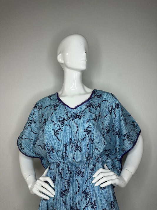 Moonstone Blue and Oxford Blue printed Pure Cotton V-Neck Kaftan With Matching Border Lace And Adjustable Tie Free Size (Suits for bra size 34″- 40″) | 54-56 Inch Length