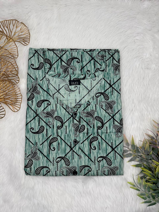 Xanadu and Onyx Printed Round Neck Pure Cotton Full Open Button Labour Room Nighty Free Size Short Sleeve (Suits for bra size 34″- 40″ | 54-56 inch length)