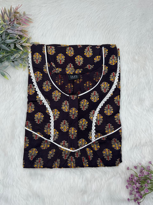 Onyx Printed Round Neck Normal Zip Pure Cotton Nighty Free Size Short Sleeve (Suits for bra size 34″- 40″ | 54-56 inch length)