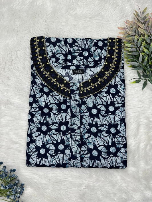 Cadet Grey Printed 12" Long Zip Matching Embroidery Neck Pure Cotton Feeding Nighty Plus Size Short Sleeve (Suits for bra size 40″- 46″ | 54"-56" inch length)