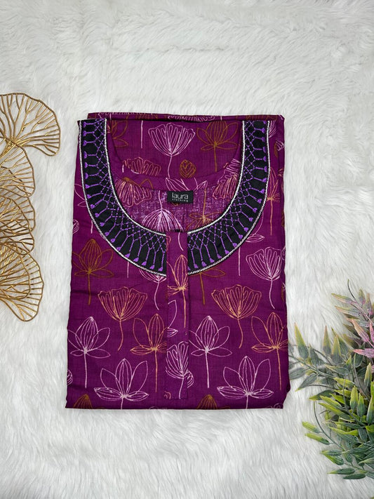 Tyrian Purple Printed Normal Zip Pure Cotton Matching Neck Embroidery Feeding Nighty Free Size Short Sleeve (Suits for bra size 34″- 40″ | 54-56 inch length)