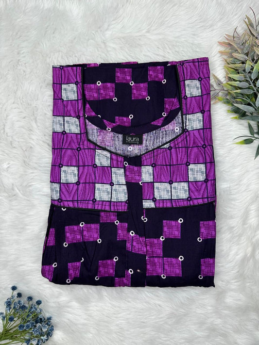 Dark Orchid and Onyx Printed Square Neck Pleated Pure Cotton Feeding Nighty With Two Side Vertical Zip and Single Centre Zip Free Size Short Sleeve (Suits for bra size 34″- 40″ | 54-56 inch length)