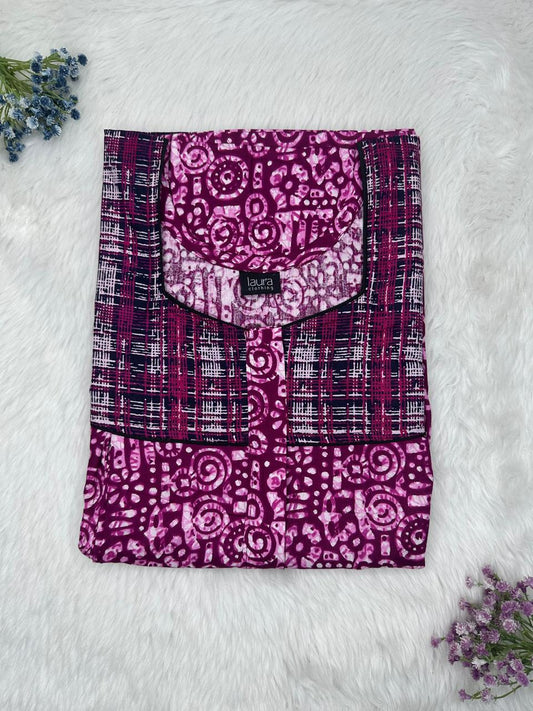 Tyrian Purple Printed Square Neck Pleated Pure Cotton Feeding Nighty With Two Side Vertical Zip and Single Centre Zip Free Size Short Sleeve (Suits for bra size 34″- 40″ | 54-56 inch length)