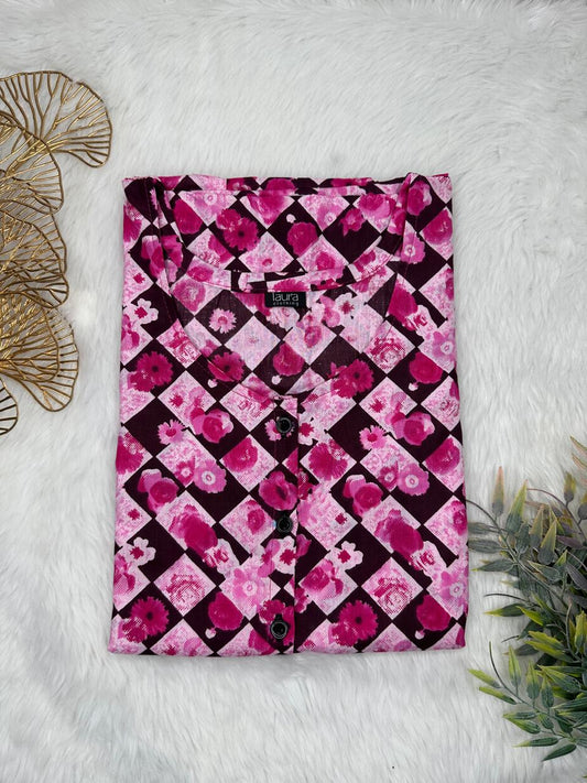 Jazzberry Jam and Seal Brown Printed Round Neck Pure Cotton Full Open Button Labour Room Nighty Free Size Short Sleeve (Suits for bra size 34″- 40″ | 54-56 inch length)