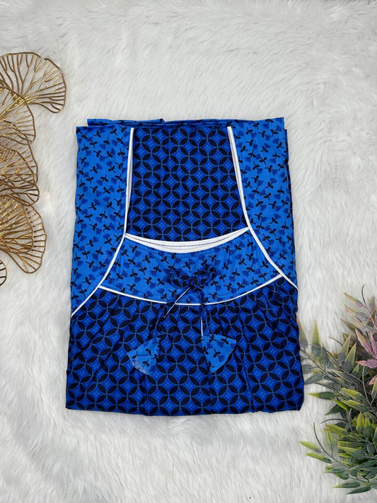 Oxford Blue Printed Front and Han Blue Pleated Pure Cotton Nighty Free Size Short Sleeve (Suits for bra size 34″- 40″ | 54-56 inch length)