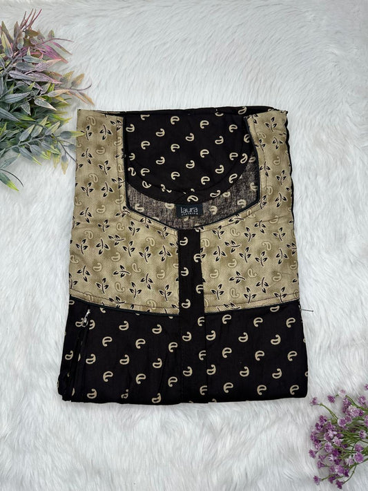 Dark Tan and Onyx Printed Square Neck Pleated Pure Cotton Feeding Nighty With Two Side Vertical Zip and Single Centre Zip Free Size Short Sleeve (Suits for bra size 34″- 40″ | 54-56 inch length)