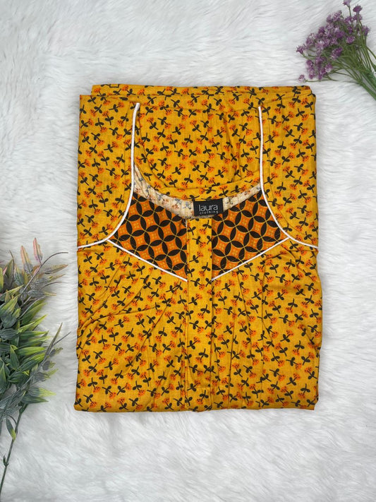 Harvest Gold Printed Square Neck Pleated Zip Pure Cotton Nighty Free Size Short Sleeve (Suits for bra size 34″- 40″ | 54-56 inch length)
