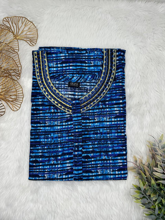 Oxford Blue Printed 12" Long Zip Pure Cotton Matching Neck Embroidery Feeding Nighty Free Size Short Sleeve (Suits for bra size 34″- 40″ | 54-56 inch length)