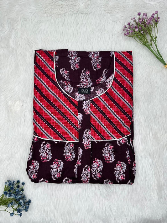 Cardinal and Dark Brown Printed Round Neck Pleated Pure Cotton Feeding Nighty With Two Side Vertical Zip and Single Centre Zip Free Size Short Sleeve (Suits for bra size 34″- 40″ | 54-56 inch length)