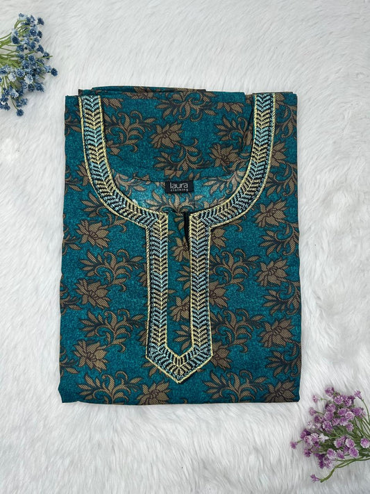 Midnight Green Printed Normal Zip Embroidery Neck Pure Cotton Nighty Plus Size Short Sleeve (Suits for bra size 40″- 46″ | 54-56 inch length)