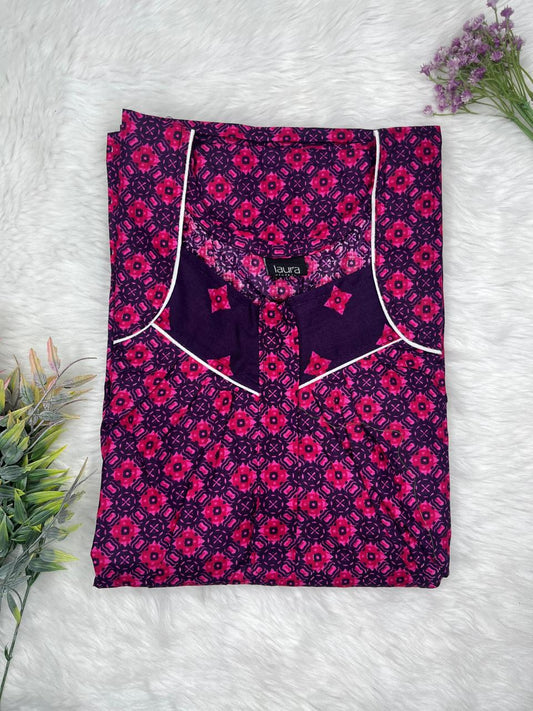 Deep Cerise Printed Square Neck Pleated Zip Pure Cotton Nighty Free Size Short Sleeve (Suits for bra size 34″- 40″ | 54-56 inch length)