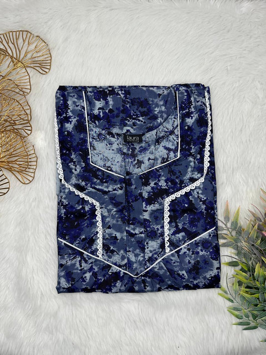 Dark Midnight Blue Printed Square Neck Normal Zip Pure Cotton Nighty Free Size Short Sleeve (Suits for bra size 34″- 40″ | 54-56 inch length)
