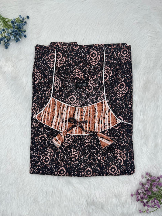 Onyx and Pale Chestnut Printed Square Neck No Zip Pleated Pure Cotton Nighty Free Size Short Sleeve (Suits for bra size 34″- 40″ | 54-56 inch length)